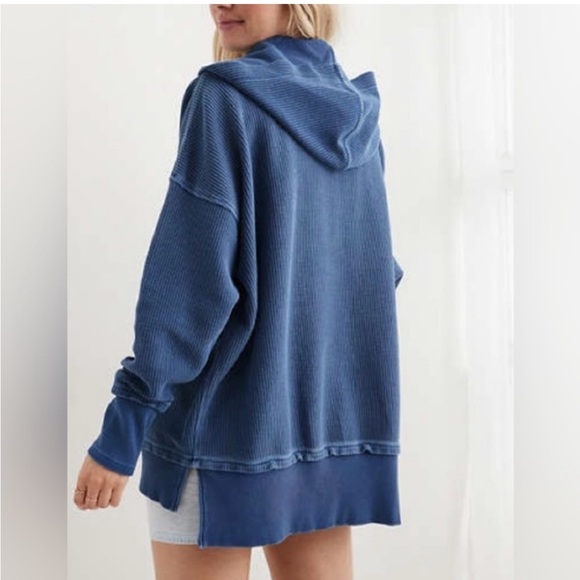 Aerie Oversized Textured Henley Hoodie Blue Pullover - Picture 2 of 15